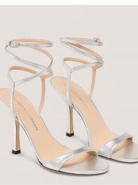 Stuart Weitzman Metallic Silver Spiral-Ankle Stiletto Sandals